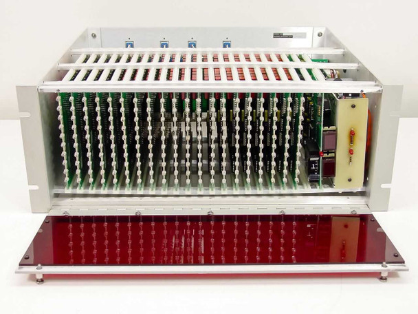 Matrix Systems 10360 rear interior view with front panel removed showing populated card cage backplane with relay and logic cards installed