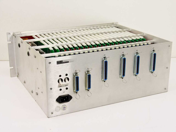 Matrix Systems 10360 rear panel angled view showing IEC AC inlet, CB1 and CB2 circuit breakers, J1 connector, and four Centronics 50-pin I/O connectors J2–J4