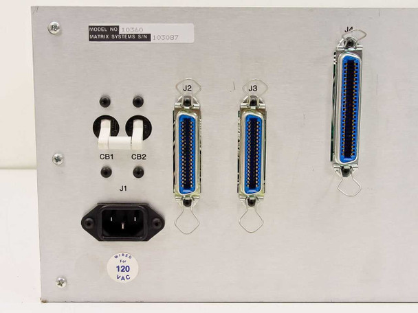 Matrix Systems 10360 rear panel straight-on view showing MODEL NO 10360 label, IEC inlet, CB1/CB2 breakers, J1–J4 Centronics connectors, and '120 VAC' wiring sticker