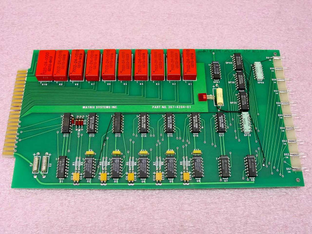 Matrix Systems 4204-NC-10 relay card (Part No. 367-4204-01) — front view showing 10 red relay blocks, logic ICs, and edge connector