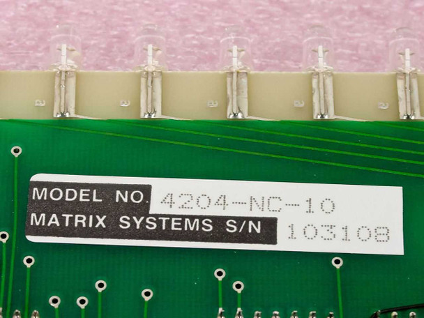 Matrix Systems 4204-NC-10 relay card reverse label showing MODEL NO 4204-NC-10 and Matrix Systems S/N 103108