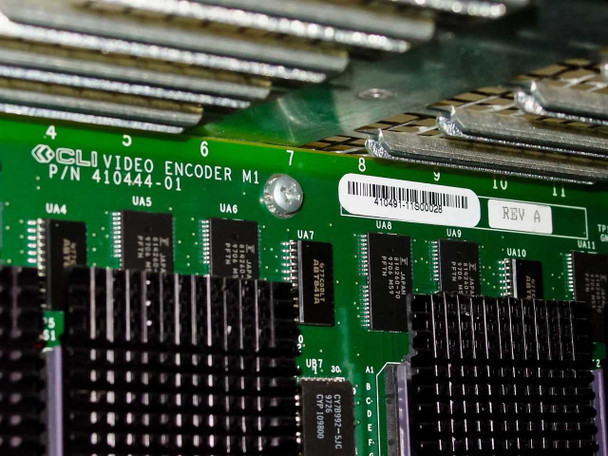 CLI Video Encoder M1 card P/N 410444-01 Rev A — close-up of green PCB label showing part number and barcode, multiple ICs visible