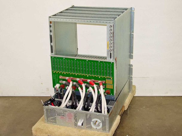 General Instrument CLI Magnitude MPEG Encoder 410111-01 — rear three-quarter view showing backplane PCB, power supply unit, and multi-cable power harness with red and white leads