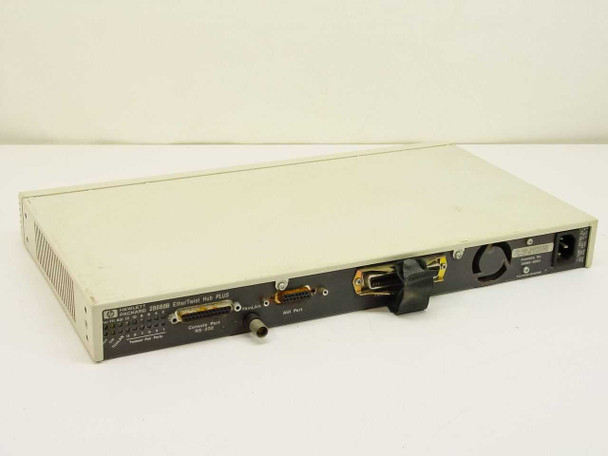 HP 28688B EtherTwist Hub Plus – rear panel angled view showing Console Port RS-232, ThinLAN connector, AUI port, and fan exhaust