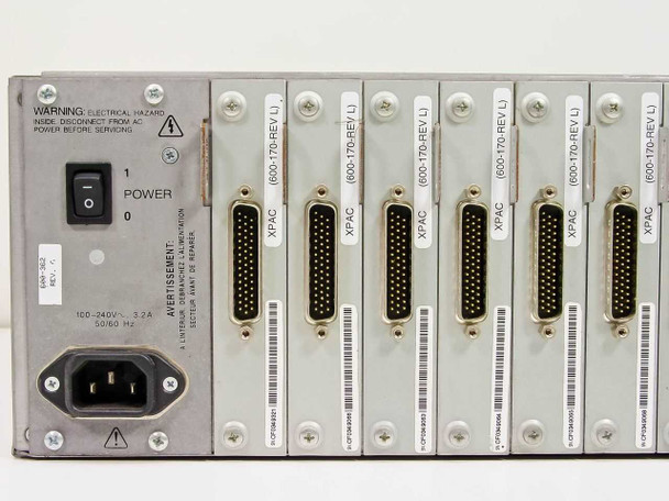 Cybex Commander 4XP rear panel close-up showing power switch, 100–240V IEC inlet, and seven XPAC 600-170 REV L modules