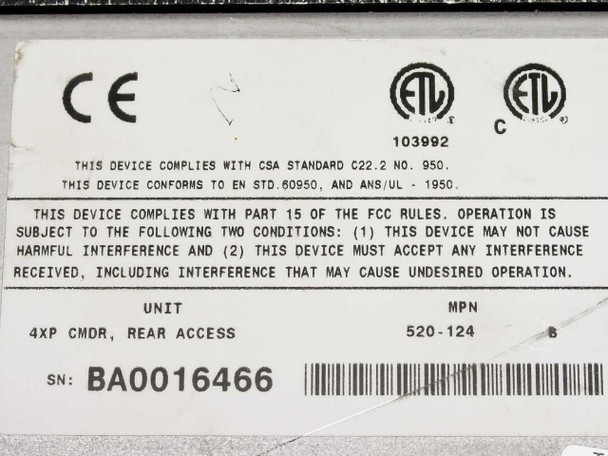 Cybex Commander 4XP bottom label showing MPN 520-124, unit designation 4XP CMDR Rear Access, CE and ETL certifications, and serial number BA0016466