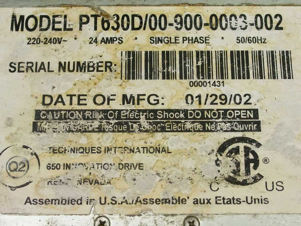 Power Techniques PT630D rating label – model PT630D/00-900-0003-002, 220-240V, 24 Amps, Single Phase, 50/60Hz, manufactured 01/29/02, Techniques International Reno NV