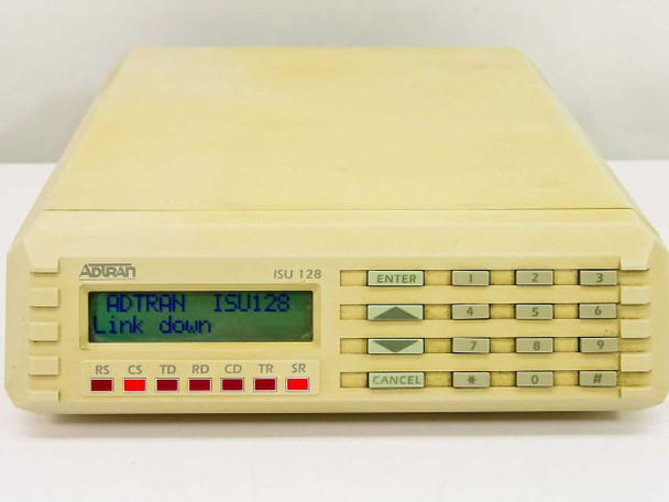 Adtran ISU 128 front panel straight-on view — backlit LCD display reading 'ADTRAN ISU128 / Link down', RS CS TD RD CD TR SR LED row, ENTER and CANCEL keypad