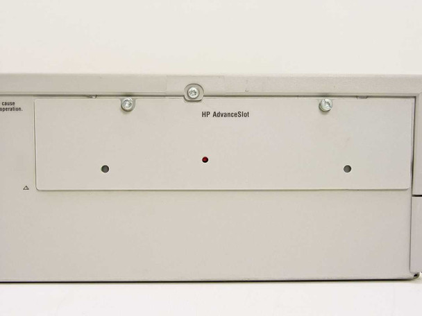 HP J2602A AdvanceStack right-side panel showing HP AdvanceSlot expansion bay cover with status indicator LEDs