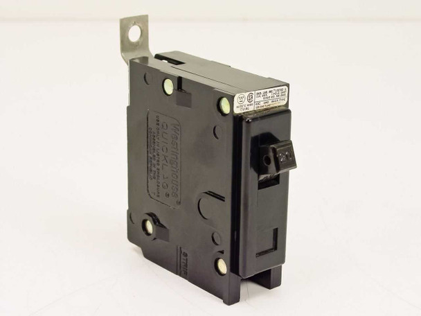 Westinghouse QBHW1020 20 Amp 1-Pole molded case circuit breaker — front angled view showing toggle switch and mounting bracket