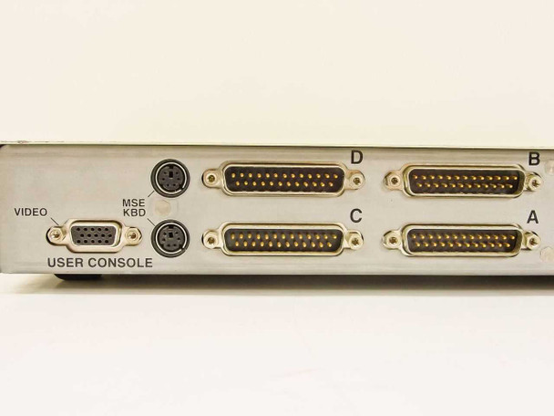 Cybex Commander Personal II rear panel close-up – User Console section with HD-15 VGA video port and two PS/2 ports (mouse and keyboard), plus four DB-25 computer connectors labeled A–D
