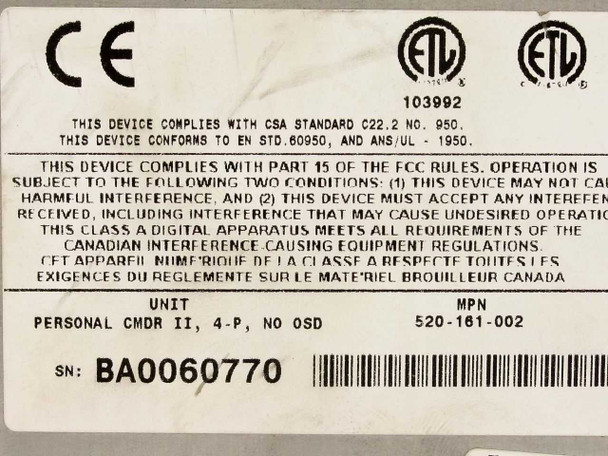 Cybex Commander Personal II compliance label – shows unit designation 'PERSONAL CMDR II, 4-P, NO OSD', MPN 520-161-002, serial number BA0060770, CE, ETL, CSA, FCC Part 15, and ANSI/UL-1950 certifications