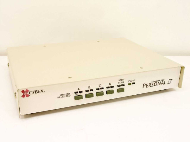 Cybex Commander Personal II 520-161-002 4-Port KVM Switch – front-left three-quarter view showing A/B/C/D port select buttons and On-Line/Selected indicators