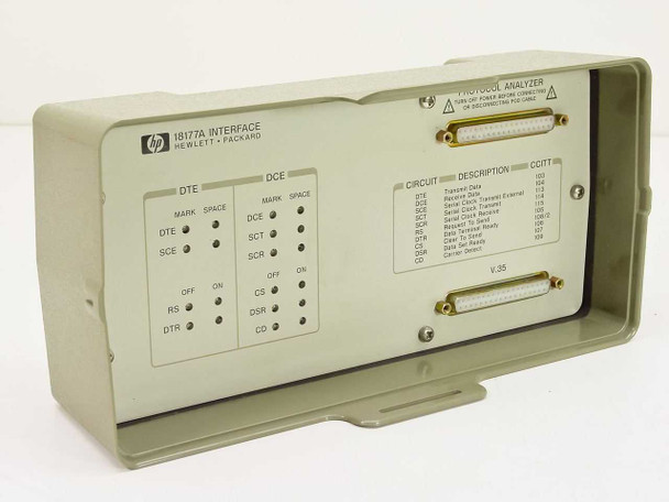 HP 18177A V.35 DTE/DCE Interface Panel front view showing DTE and DCE signal LEDs, circuit description table, and dual 34-pin V.35 connectors