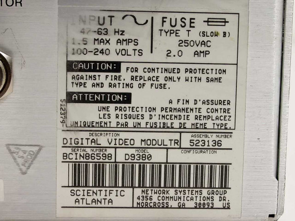 Scientific Atlanta D9380 PowerVu rating label – INPUT 47–63Hz 1.5A Max 100–240V, Fuse Type T 250VAC 2.0A, Assembly Number 523136, Model D9380, Serial BCIN86598