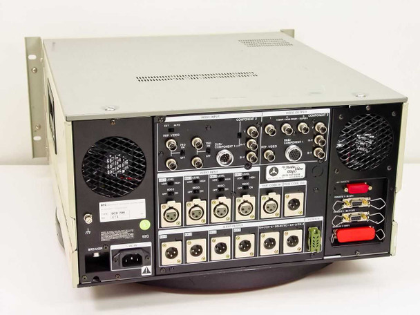 BTS BCB 70N rear panel showing dual cooling fans, power inlet, AC connection, REF Video BNCs, Component 1 and 2 BNC connectors, audio XLR inputs/outputs, and various video I/O connectors