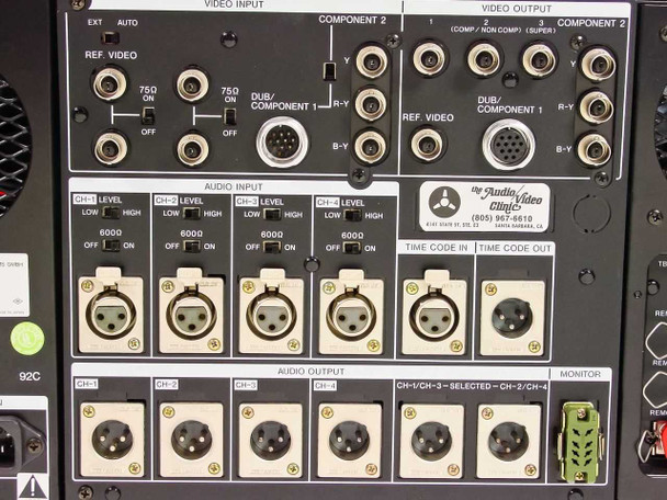 BTS BCB 70N rear panel detail showing Video Input section (Component 2, REF Video, 75-Ohm terminations), Audio Input CH-1 through CH-4 with XLR connectors and 600-Ohm switches, Time Code In/Out, and Audio Output CH-1 through CH-4 XLR connectors