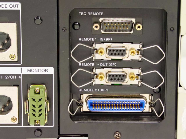 BTS BCB 70N rear panel right section showing TBC Remote connector, Remote 1-In (9P), Remote 1-Out (9P), and Remote 2 (36P) connectors with protective covers