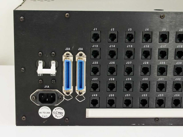 Matrix Systems 12924/13021 rear panel closeup showing IEC C14 power inlet (J1A), circuit breakers CB1/CB2, Centronics connectors J2A and J3A, power rating label (85–265V, 5.5A Max), and RJ jacks J1–J60