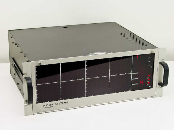Matrix Systems Corporation 12924/13021 Programmable Wire Switching System – front 3/4 view showing rackmount chassis with relay card display panels and side handle