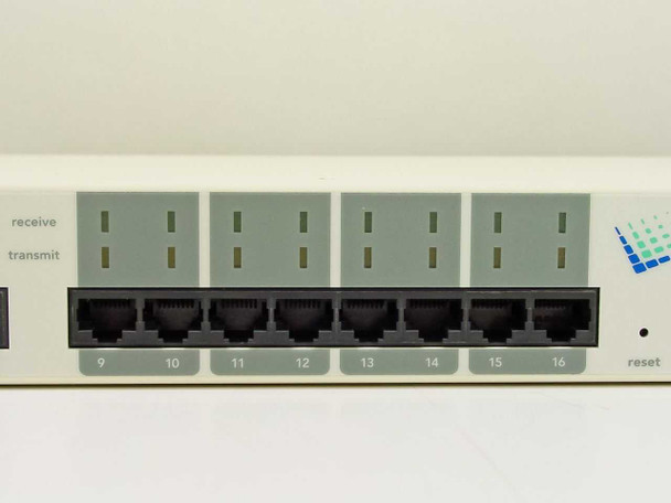 Lantronix ETS16PR — close-up of front panel right section showing serial ports 9–16 (RJ45) with receive and transmit LEDs and reset button