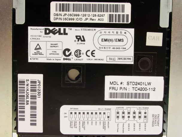 Dell 05C999 STD2401LW rating label showing model STD2401LW, FRU TC4200-112, power specs, DP/N, and regulatory markings