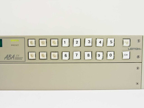 Leitch ABA XY front panel right section showing numeric keypad buttons 1-0, PRESET button, and Leitch logo