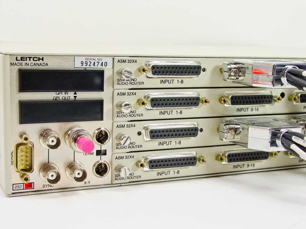 Leitch FR-X+2RU-2AC rear panel left side showing LEITCH label, serial number, GPI IN/OUT ports, RS-232 DE-9, BNC SYNC, and X-Y connector