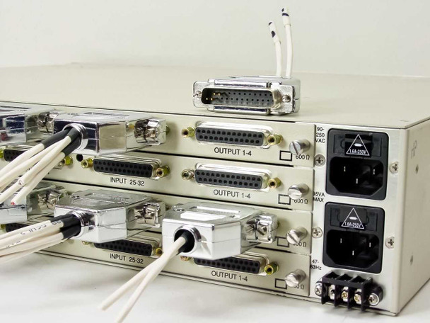 Leitch FR-X+2RU-2AC rear panel right side close-up showing DB25 INPUT and OUTPUT connectors and dual IEC AC power inlets (90-250V)