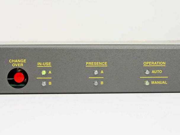 ISIS Group RTS-201 – close-up of front panel controls: Change Over red button, In-Use A/B LEDs, Presence A/B LEDs, Operation Auto/Manual switch