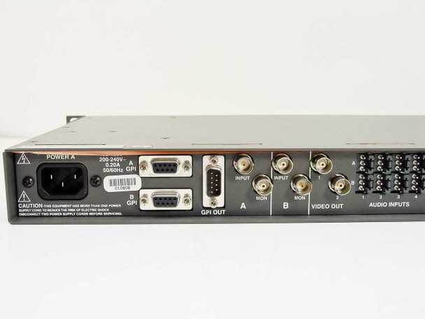 ISIS Group RTS-201 – close-up of rear left section: Power A IEC inlet (200-240V), dual DB9 GPI connectors, BNC Input A, BNC Input B, BNC MON A, BNC MON B, BNC Video Out