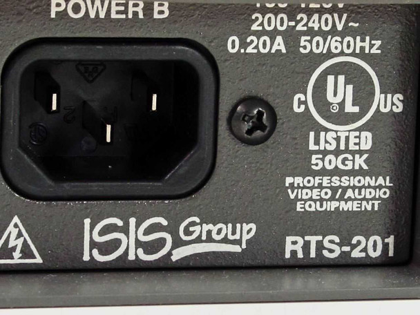 ISIS Group RTS-201 – close-up of Power B IEC inlet and UL Listed 50GK label confirming 200-240V 0.20A 50/60Hz rating for professional video/audio equipment