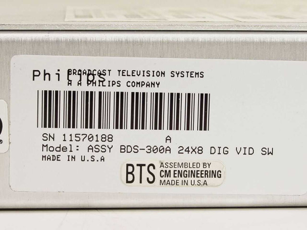 Philips BDS-300A rear label – Philips Broadcast Television Systems assembly label showing model ASSY BDS-300A 24x8 DIG VID SW, serial number, and Made in USA