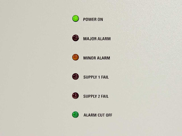 Close-up of D-9110 front panel status indicators: Power On, Major Alarm, Minor Alarm, Supply 1 Fail, Supply 2 Fail, Alarm Cut Off LEDs