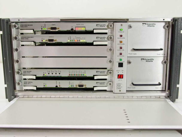 Scientific Atlanta D-9110 interior with plug-in module bays showing D9787, D9786, D9782, D9711 cards installed and D9709 power supply