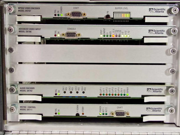 Close-up of installed plug-in modules: D9787 MPEG-2 Video Encoder, D9786 Advanced Video Input, D9782 Audio Encoder, D9711 MSYNC Control