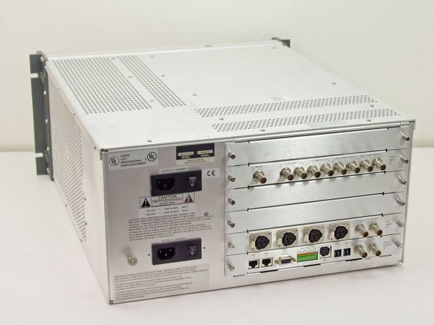 Rear panel of Scientific Atlanta D-9110 showing dual IEC power inputs, BNC video connectors, XLR audio connectors, RJ-45, DB-9, and additional I/O ports