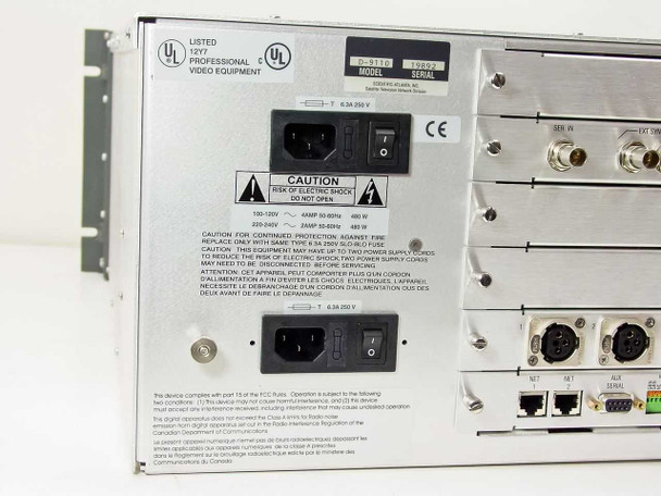 Rear panel caution label showing 100-120V / 220-240V dual voltage input, 6.3A 250V fuse rating, UL Professional Video Equipment listing and CE mark