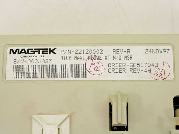 MagTek MICR Maxi bottom label showing P/N 22120002 REV-R dated 24NOV97 Carson CA USA