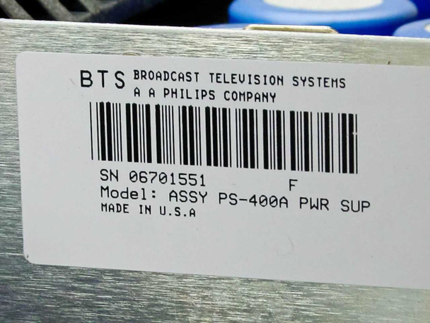 Philips BTS PS-400A power supply label showing serial number 06701551, model ASSY PS-400A PWR SUP, revision F, Made in USA