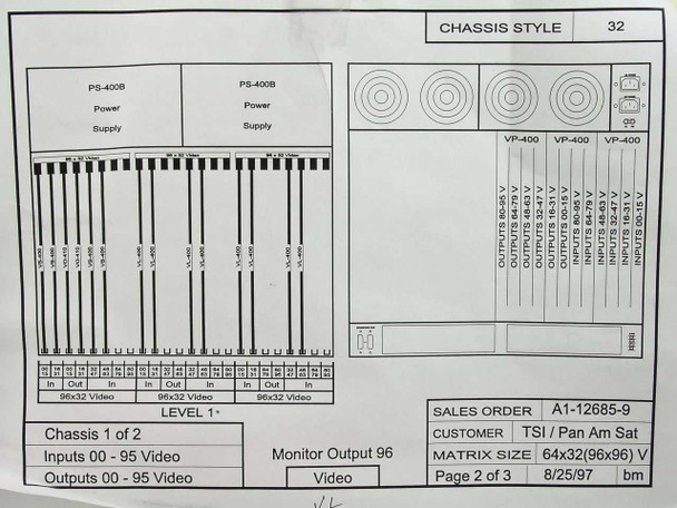 Chassis style 32 wiring diagram page 2 of 3 showing PS-400B layout, VP-400 I/O positions, 96x32 video matrix configuration, sales order A1-12685-9, customer TSI/Pan Am Sat, dated 8/25/97
