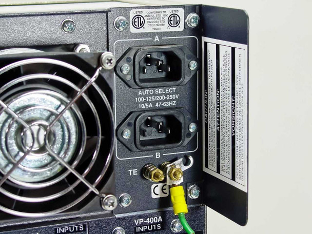 Rear of VP-400A panel showing IEC AC inlets labeled A and B with Auto Select 100-125/200-250V, 10A/5A, 47-63Hz rating plate, CE and ETL marks, ground terminal, and wiring