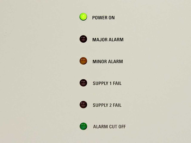 Front panel status LED indicators: Power On (green), Major Alarm, Minor Alarm, Supply 1 Fail, Supply 2 Fail, Alarm Cut Off