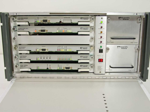 Scientific Atlanta D-9110 front view with door open showing all five installed modules and dual D9709 power supplies