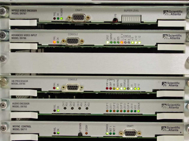Close-up of five installed modules: D9787 MPEG2 Video Encoder, D9786 Advanced Video Input, D9785 VBI Processor, D9782 Audio Encoder, D9711 MSYNC Control