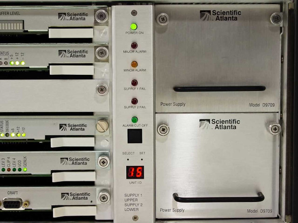 Right side panel detail showing alarm/status LEDs, unit ID display reading 15, and dual D9709 power supply bays