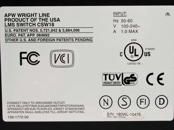 APW Wright Line CSW18 LMS KVM Switch – bottom label showing model CSW18, 100-240V 1A input, FCC, UL, TUV certifications and patent numbers