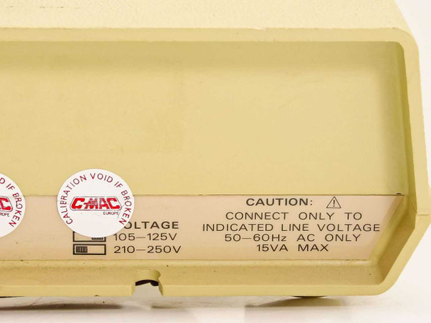 Keithley 177 rear panel voltage selector label showing 105–125V and 210–250V settings with calibration sticker and 15VA max caution notice