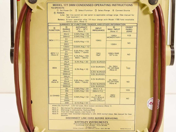 Keithley 177 bottom label showing condensed operating instructions, function/range/accuracy summary table, and Keithley Instruments Cleveland OH manufacturer information