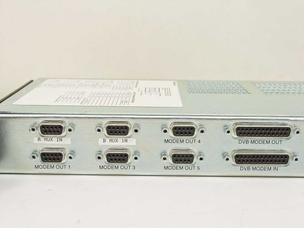 General Instrument Magnitude MMI+ 410802-03 – rear panel close-up showing A MUX IN, B MUX IN, Modem OUT 1, 3, 4, 5, DVB Modem OUT, and DVB Modem IN DB-15 and DB-25 connectors